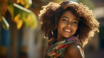 young african woman smiling with confidence outdoors photo