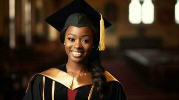 young african woman smiling in graduation gown photo