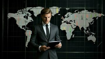 young businessman standing holding world map chart photo