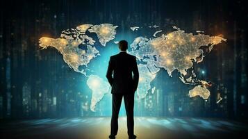 young businessman standing in front of glowing world map photo