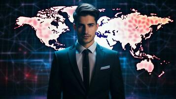young businessman standing in front of glowing world map photo