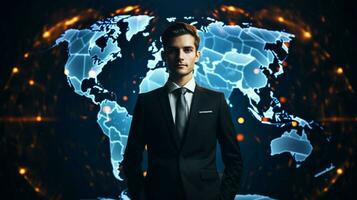 young businessman standing in front of glowing world map photo