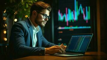 young businessman using laptop watching data chart photo