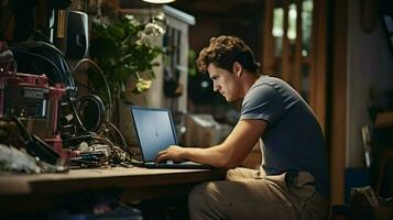 joven caucásico reparador sentado utilizando computadora adentro foto