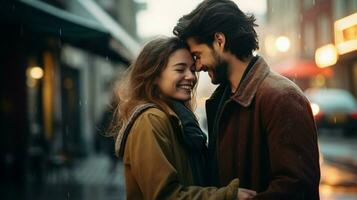 young couple smiling embracing enjoying city life photo