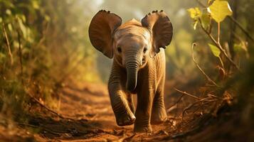 young elephant calf walking in tropical wilderness photo