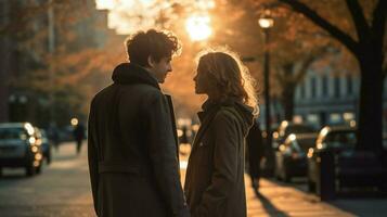 young couple walking in the city enjoying sunlight photo