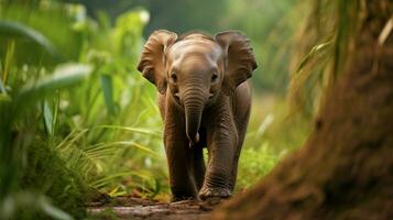 young elephant calf walking in tropical wilderness photo