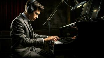 joven pianista practicando con auriculares en estudio foto