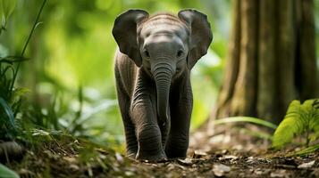 young elephant calf walking in tropical wilderness photo
