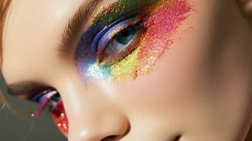 young woman applying multi colored eyeshadow indoors photo