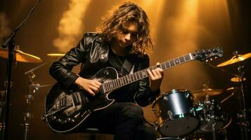 young musician performs rock music on stage photo