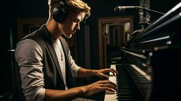 joven pianista practicando con auriculares en estudio foto