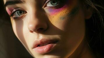 young woman applying multi colored eyeshadow indoors photo