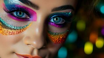 young woman applying multi colored eyeshadow indoors photo