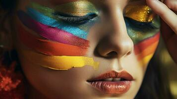 young woman applying multi colored eyeshadow indoors photo