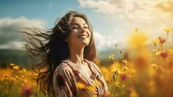 young woman enjoying the beauty of nature in a sunny mead photo