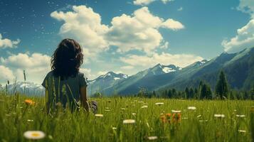 young woman enjoying the beauty of nature in a sunny mead photo