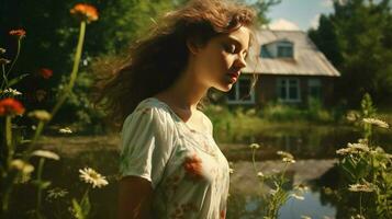 young woman enjoys the beauty of nature in a rural scene photo