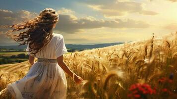 joven mujer disfruta el belleza de naturaleza en un rural escena foto