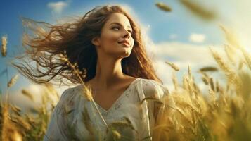 young woman enjoys the beauty of nature in a rural scene photo