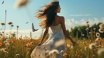 young woman enjoys the beauty of nature in a rural scene photo