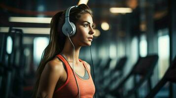 young woman exercising with headphones in gym photo