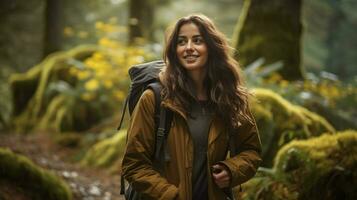 joven mujer excursionismo en el bosque disfrutando el belleza foto