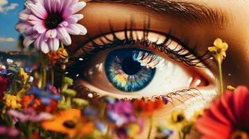 young woman eye reflects colorful summer nature photo