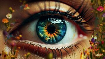 young woman eye reflects colorful summer nature photo