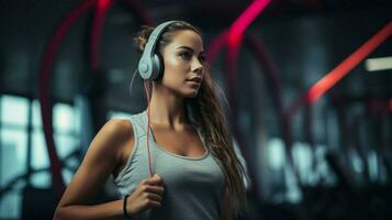 young woman exercising with headphones in gym photo