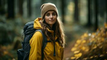 young woman hiking in the forest enjoying the beauty photo