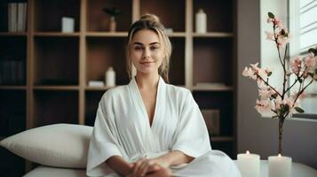 young woman in a bathrobe enjoying a serene beauty treatment photo