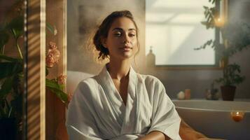 joven mujer en un bata de baño disfrutando un sereno belleza tratamiento foto