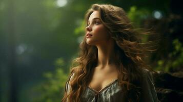 young woman in forest beauty in nature looking away photo