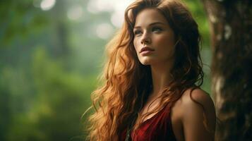 joven mujer en bosque belleza en naturaleza mirando lejos foto