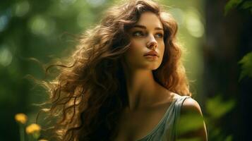 young woman in forest beauty in nature looking away photo