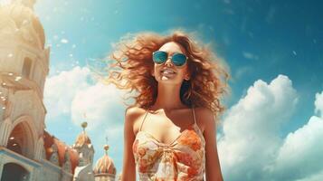 young woman in sunglasses enjoys summer vacation photo