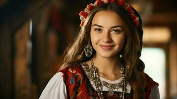 joven mujer en tradicional ropa sonriente hermosamente foto