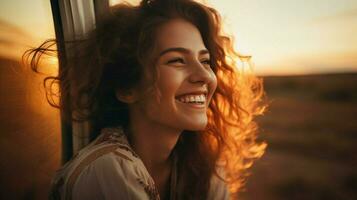 young woman looking through window smiling enjoying photo