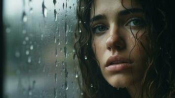 joven mujer mirando mediante ventana gota de agua en su cara foto