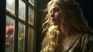 young woman looking away from window indoors photo