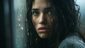 young woman looking through window raindrop on her face photo