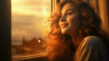 joven mujer mirando mediante ventana sonriente disfrutando foto