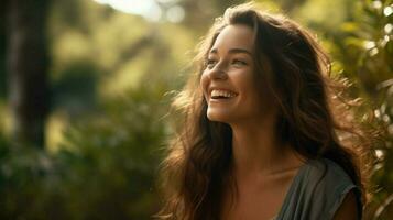 young woman outdoors looking away smiling surrounded photo