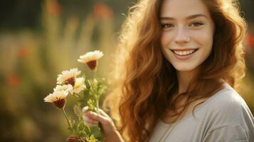 young woman outdoors smiling looking at camera holding photo