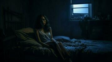joven mujer descansando en oscuro solitario dormitorio foto