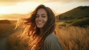 young woman smiling in nature at sunset photo