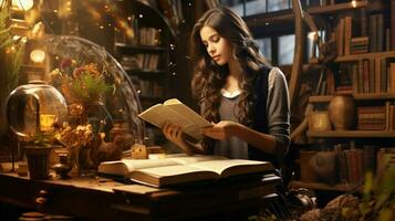 joven mujer leyendo libro de texto en hogar biblioteca foto