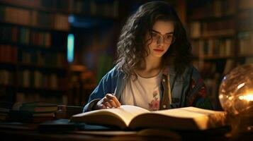 young woman studying literature in library portrait photo